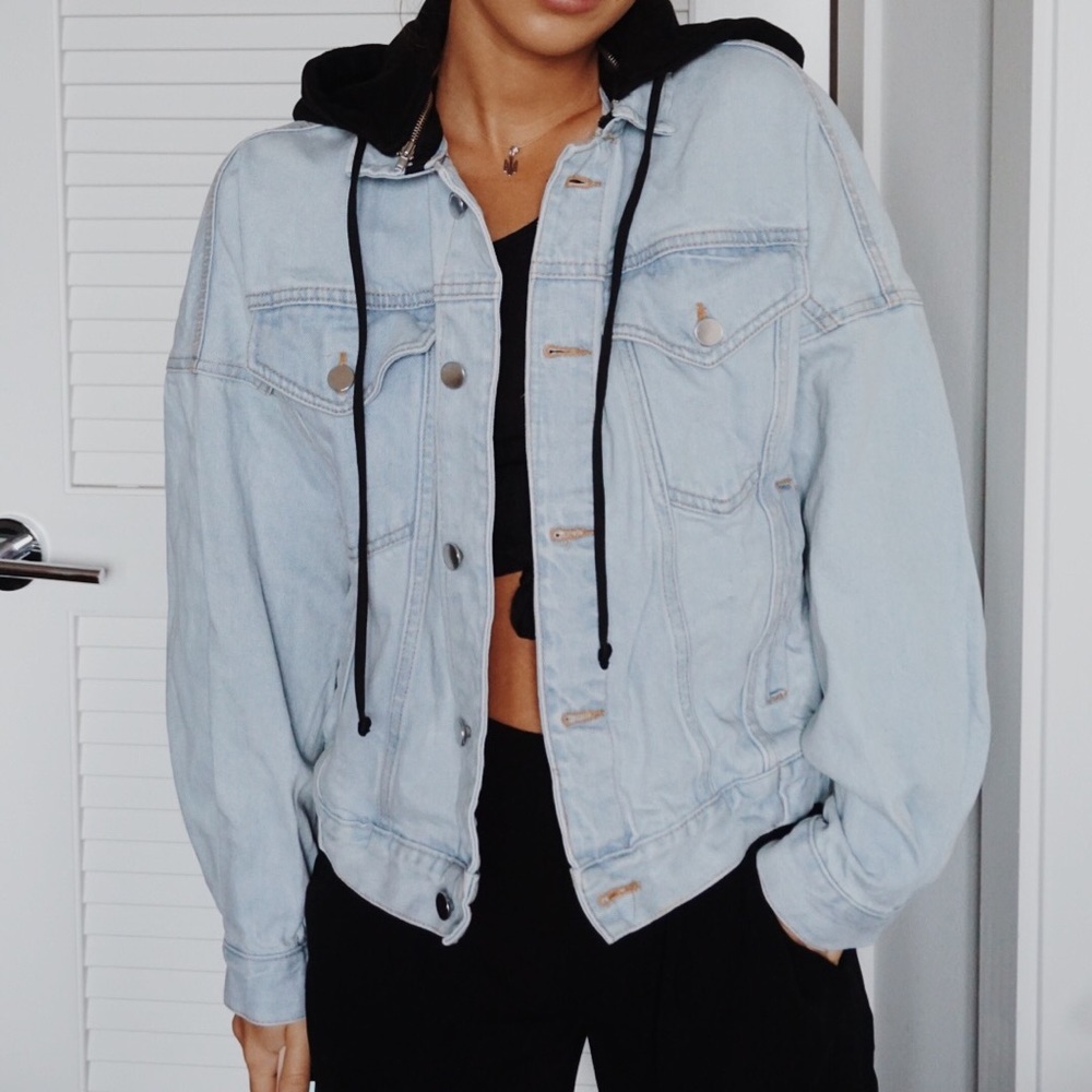Zara Light Blue Denim Jean Jacket with Black Hood